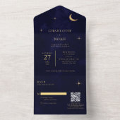 ミッドナイト セレスチャル ゴールド ムーン スターズ ウェディング QR コード オールインワン招待状 (内側)