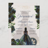 ミッドナイト ネイビーブルー ローズ ファンシー チャロ キンセアニエラ 招待状 (正面/裏面)