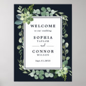 ミッドナイト・ネイビー・ブルー結婚多肉栽培の歓迎サイン ポスター (正面)