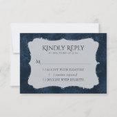 ミッドナイト・ネイビー・ロマンス | Blue Satiny グランジ Damask 出欠カード (正面)