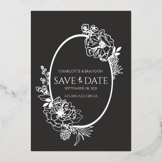 ミッドナイト モダン フローラル スケッチ アーチ セーブ・ザ・デート 箔招待状 (正面)