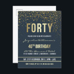 ミッドナイト |金ゴールド紙吹雪40th Birthdayパーティー インビテーションポストカード<br><div class="desc">ミッドナイト |金ゴールド紙吹雪40th誕生日パーティーはがき招待状。こフォーマルの、トレンディーエレガント、40歳のバースデモダンィーパーティーの招待は適して男性へいる。黄金のクリーンな線スタイリッシュ、大文字のゴシック様式の台本、および真夜中の青い背景に洗練された金ゴールドフォイルの文字を含みフェイク、シャワー、きらめく金ゴールド紙吹雪およびパーティーストリーマーのシャワーが含まきらめくれる。</div>