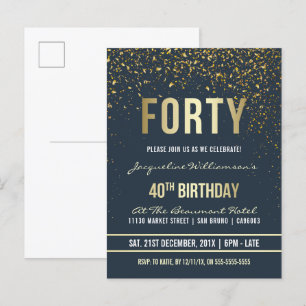 ミッドナイト 金ゴールド紙吹雪40th Birthdayパーティー インビテーションポストカード
