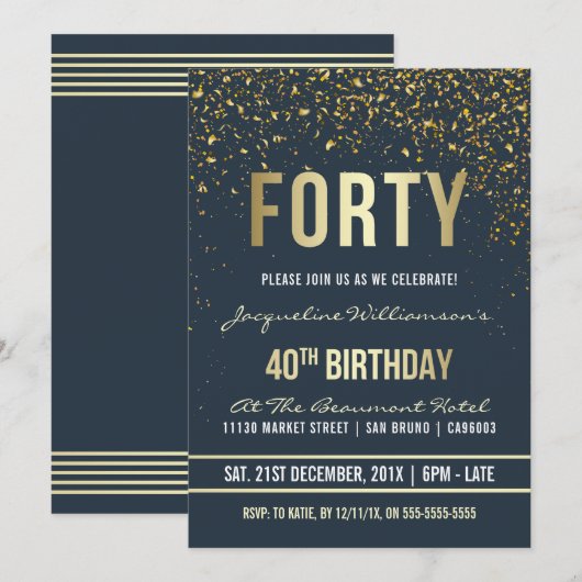 ミッドナイト |金ゴールド紙吹雪40th Birthdayパーティー 招待状 (正面/裏面)