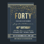 ミッドナイト |金ゴールド紙吹雪40th Birthdayパーティー 招待状<br><div class="desc">ミッドナイト |金ゴールド紙吹雪40th誕生日パーティの招待状。こフォーマルの、トレンディーエレガント、40歳のバースデモダンィーパーティーの招待は適して男性へいる。黄金のクリーンな線スタイリッシュ、大文字のゴシック様式の台本、および真夜中の青い背景に洗練された金ゴールドフォイルの文字を含みフェイク、シャワー、きらめく金ゴールド紙吹雪およびパーティーストリーマーのシャワーが含まきらめくれる。</div>