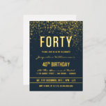 ミッドナイト |金ゴールド紙吹雪40th Birthdayパーティー 箔招待状ポストカード<br><div class="desc">ミッドナイト |金ゴールド紙吹雪40th誕生日パーティー箔はがき招待状。こフォーマルの、トレンディーエレガント、40歳のバースデモダンィーパーティーの招待は適して男性へいる。黄金のクリーンな線スタイリッシュ、大文字のゴシック様式のスクリプト、真夜中の青い背景に洗練された金ゴールドフォイルの文字、シャワー、きらめく金ゴールド紙吹雪とパーティーストリーマーを含むきらめく。</div>