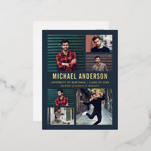 ミッドナイト | 6フォトシャルボード卒業パーティー 箔招待状ポストカード (正面/裏面)