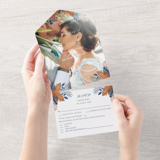 ミッドニ素朴ーンブルーモンステラ結婚ズ オールインワン招待状 (貼ってはがせる)