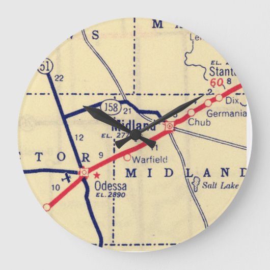 ミッドランドテキサス州ヴィンテージの地図 ラージ壁時計 (正面)