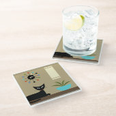 ミッド・センチュリーの卓上猫とボール・クロック ガラスコースター (アングル)