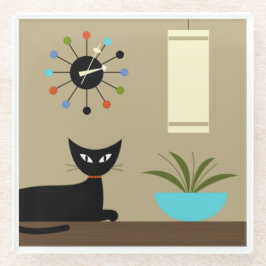 ミッド・センチュリーの卓上猫とボール・クロック ガラスコースター