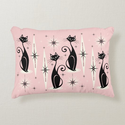 ミッド・センチュリーレトロアトミック猫 – 温かいピンク アクセントクッション (正面)