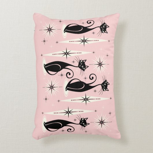 ミッド・センチュリーレトロアトミック猫 – 温かいピンク アクセントクッション (正面(垂直))