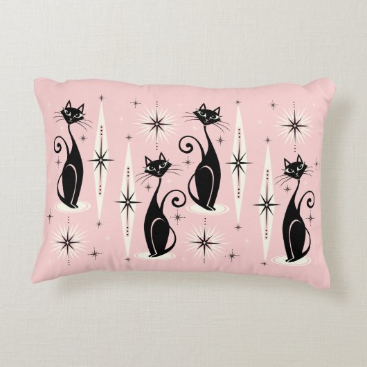 ミッド・センチュリーレトロアトミック猫 – 温かいピンク アクセントクッション (裏面)