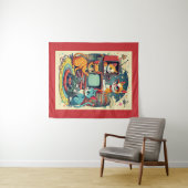 ミッド・センチュリー猫とレトロ・レコード&テレビ タペストリー (インサイチュ(横))