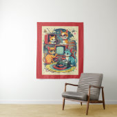 ミッド・センチュリー猫とレトロ・レコード&テレビ タペストリー (インサイチュ)