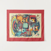 ミッド・センチュリー猫とレトロ・レコード&テレビ タペストリー (正面(横))