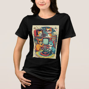 ミッド・センチュリー猫とレトロ・レコード&テレビ トライブレンドTシャツ