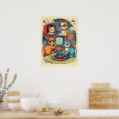 ミッド・センチュリー猫とレトロ・レコード&テレビ ポスター (キッチン)