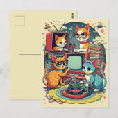 ミッド・センチュリー猫とレトロ・レコード&テレビ ポストカード (正面/裏面)