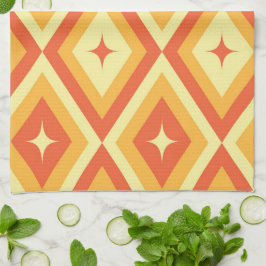 ミッド・センチュリー・アトミック・スターズ・オン・オレンジ・レッド・ダイヤモンド キッチンタオル