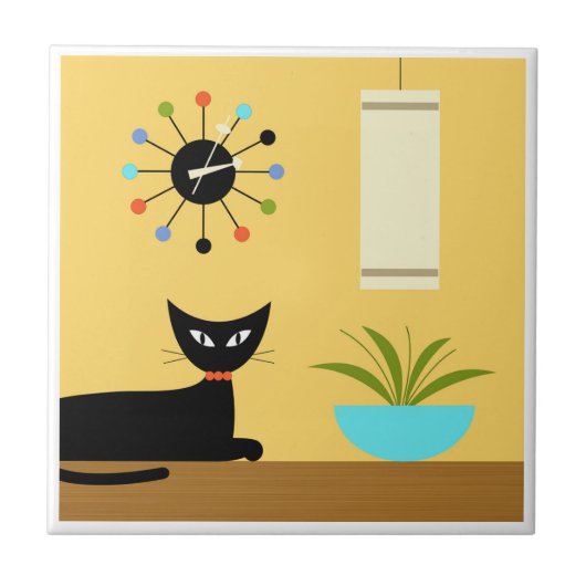 ミッド・センチュリー・キャットとボール・クロック付き黄色 タイル (正面)
