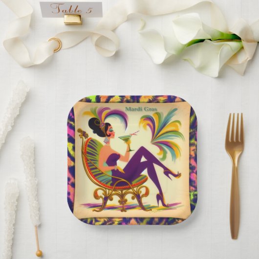 ミッド・センチュリー・マルディ・グラスの女性とマルティーニ ペーパープレート (ウェディング)