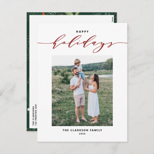 ミッモダンクスタイポグラフィレッドハッピーホリデーズフォト シーズンポストカード (正面/裏面)