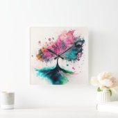 ミッモダントはっきりしたカルツリー（青、ピンク、オレンジ） スクエア壁時計 (ホーム)