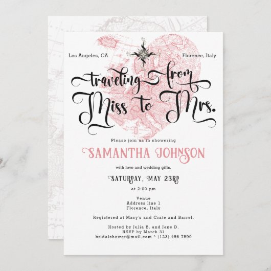 ミッ恋しく思ズへシック♥ハートマップ旅行ブライダルシャワー 招待状 (正面/裏面)