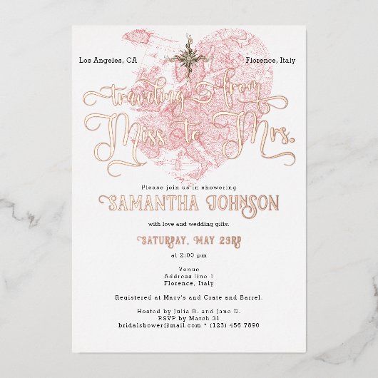 ミッ恋しく思ズへシック♥ハートマップ旅行ブライダルシャワー 箔招待状 (正面)