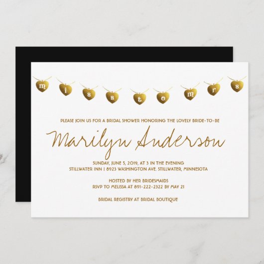 ミッ恋しく思ズ金ゴールドモダンブライダルシャワー招待状 招待状 (正面/裏面)