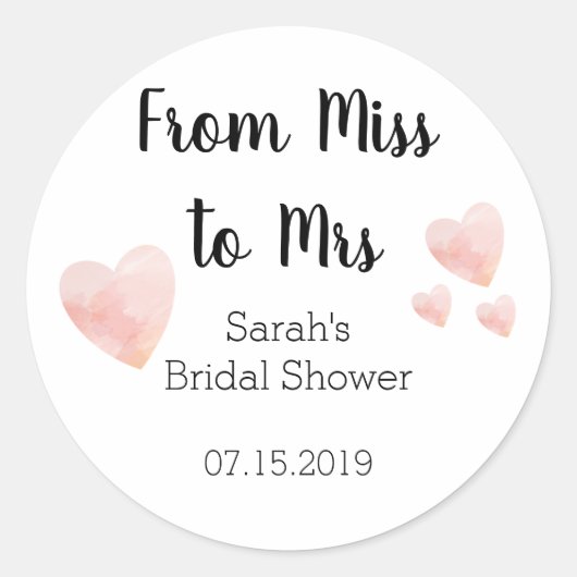 ミッ恋しく思ズ・ブライダルシャワー・ピンク・ハート ラウンドシール (正面)