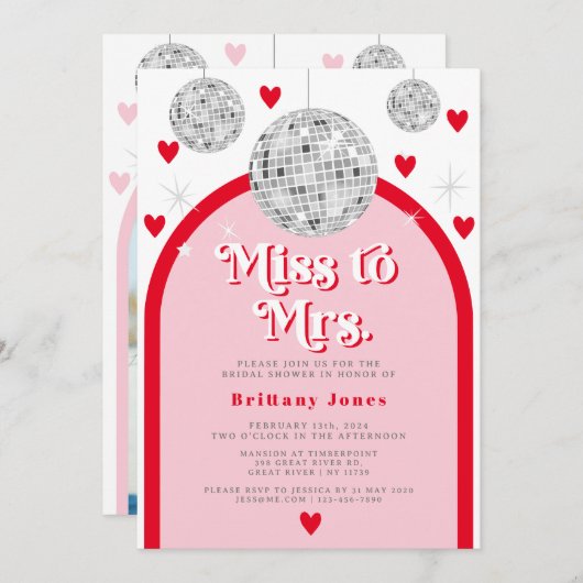 ミッ恋しく思ズ・ヴァレンティハートディスコブライダルシャワーへ 招待状 (正面/裏面)