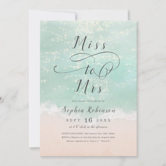 ミッ恋しく思トへ海きらめくビーチブライダルシャワー 招待状 (正面)