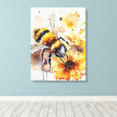 ミツバチが花の上で蜜を集める。 キャンバスプリント (インサイチュ (ウッドフロア))