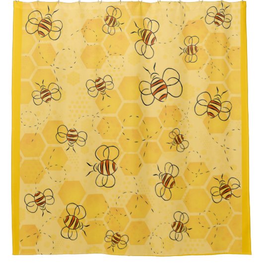 ミツバチが蜂蜜をブンブン飛ばす可愛い シャワーカーテン (正面)