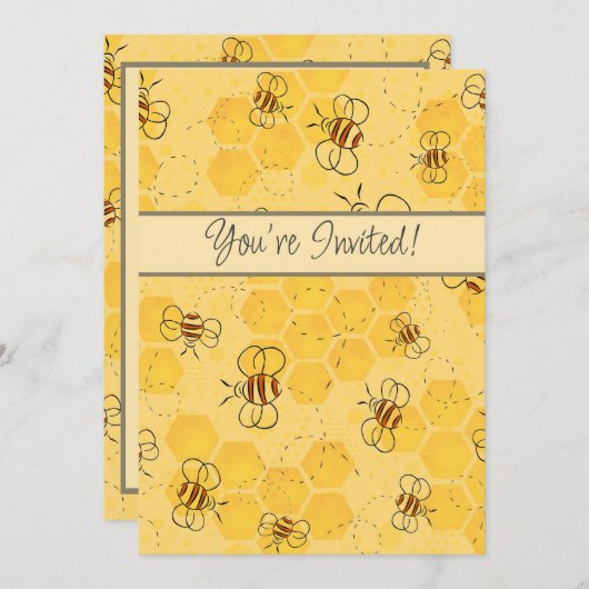ミツバチが蜂蜜をブンブン飛ばす可愛い 招待状 (正面/裏面)