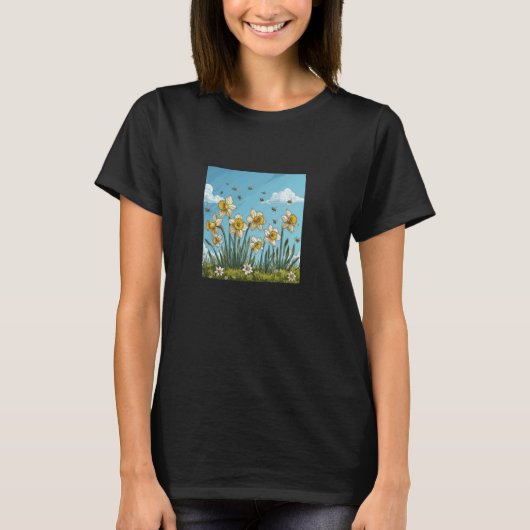 ミツバチで咲く水仙の花グラフィックのまわりにス Tシャツ (正面)