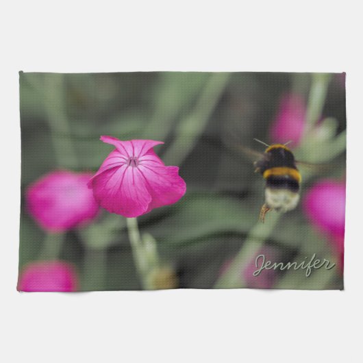 ミツバチとピンクの花の写真と名前 キッチンタオル (横)