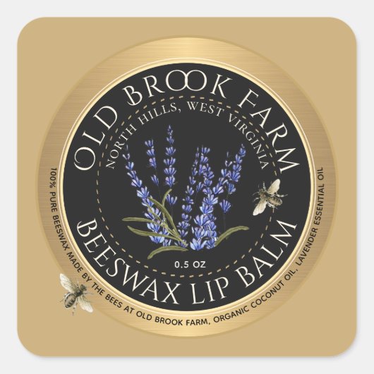 ミツバチとラベンダービーズワックスリップバーム金ゴールドブラック スクエアシール (正面)