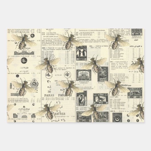 ミツバチとヴィンテージカタログ ラッピングペーパーシート (正面)