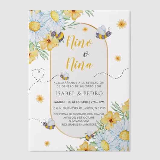 ミツバチと白い花スペインの性別が表示 ベラム紙招待状 (正面)