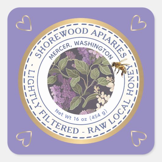 ミツバチと花ハニーラベルと金ゴールドハート スクエアシール (正面)