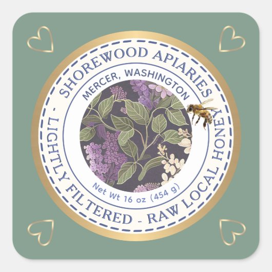 ミツバチと花ハニーラベルと金ゴールドハート スクエアシール (正面)