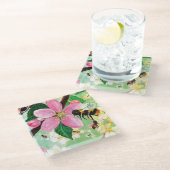 ミツバチと花樹イラストレーション三徳 ガラスコースター (アングル)