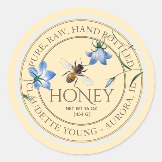 ミツバチと青い花ハニーイエロー淡い色のラベル ラウンドシール (正面)