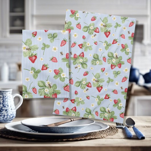 ミツバチのイチゴ水彩ブルーピンストライプ飾り キッチンタオル