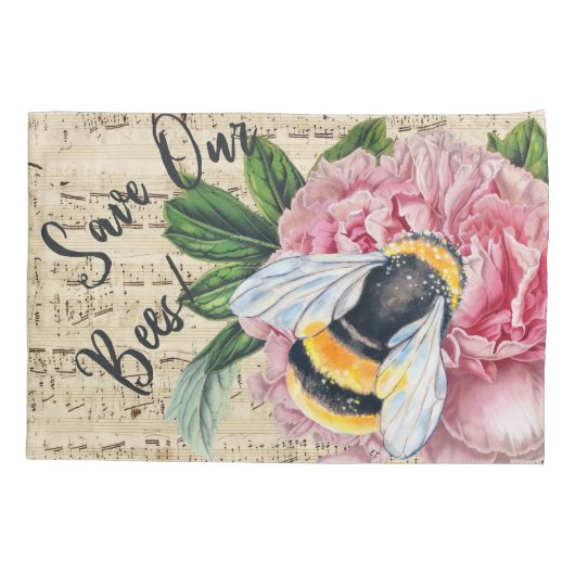 ミツバチのピンクの牡丹の音楽 枕カバー (裏面)