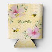 ミツバチのピンクの花の黄色の名前 缶クーラー (正面)